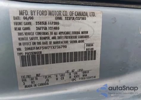 2000 Mercury Grand Marquis Ls z USA, uszkodzony, nr VIN 2MEFM75W7YX736790